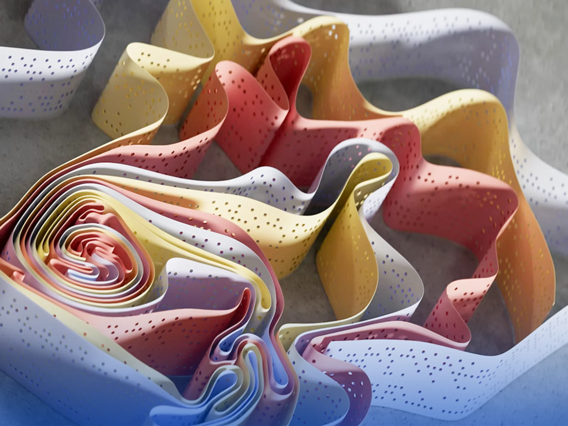 Bänder in unterschiedlichen Farben und Formen, die sich zu einer Spirale formen