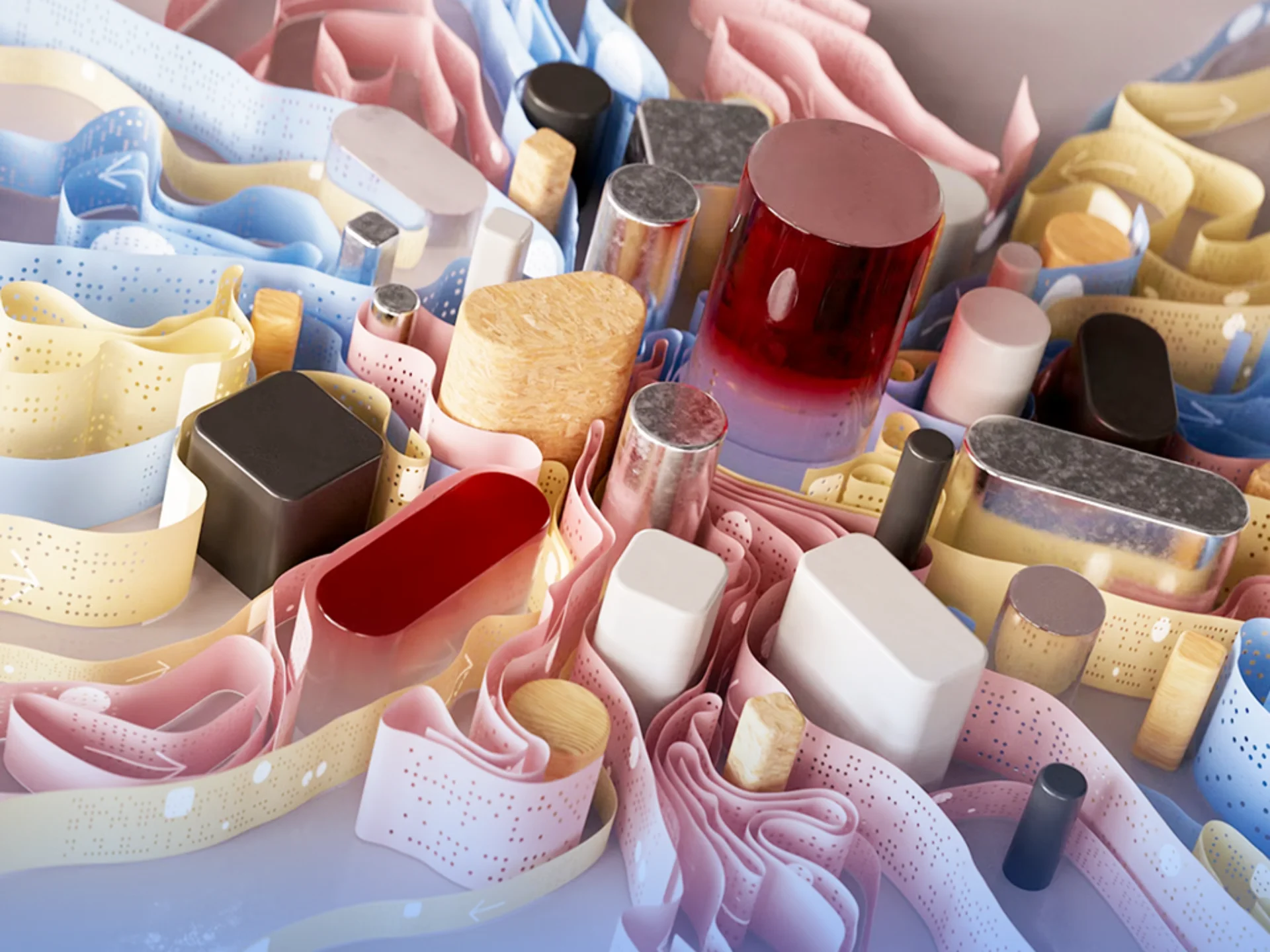 Nahaufnahme von bunten Formen und Bändern in unterschiedlichen. glas- und porzellanartigen Materialien